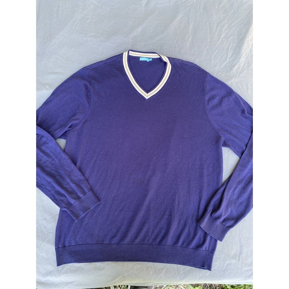 J McLaughlin Mens Sweater Size XL‎ Blue V Neck Cashmere Blend Preppy Lightweight